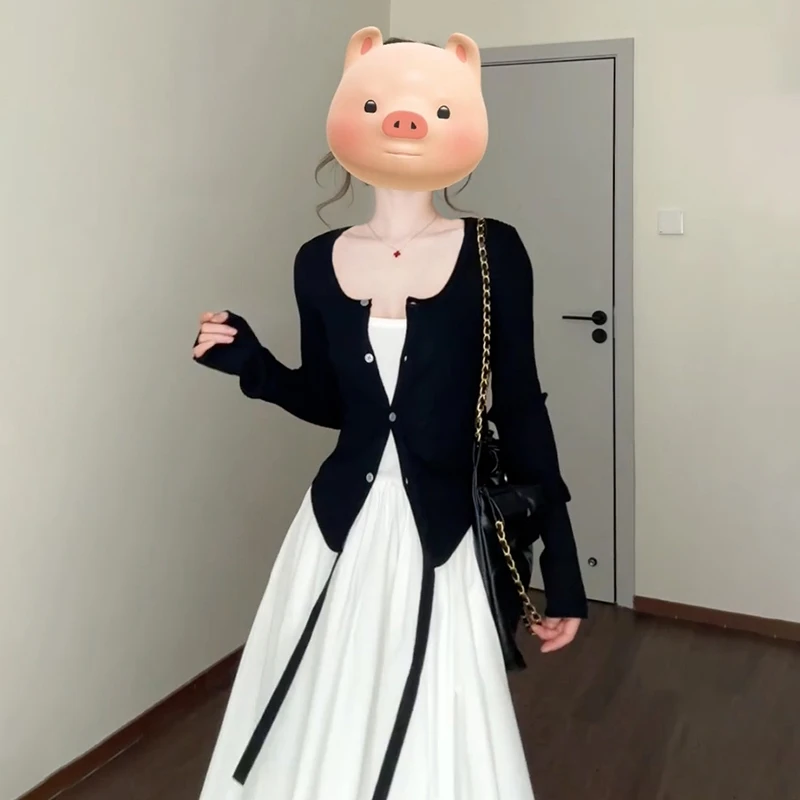 法式白色背心连衣裙子女秋季2025新款黑色外搭开衫气质长裙一整套