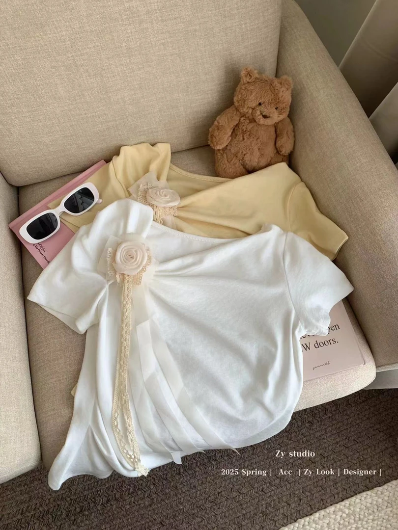 夏日感 温柔风不规则花花上衣设计感短袖法式T恤