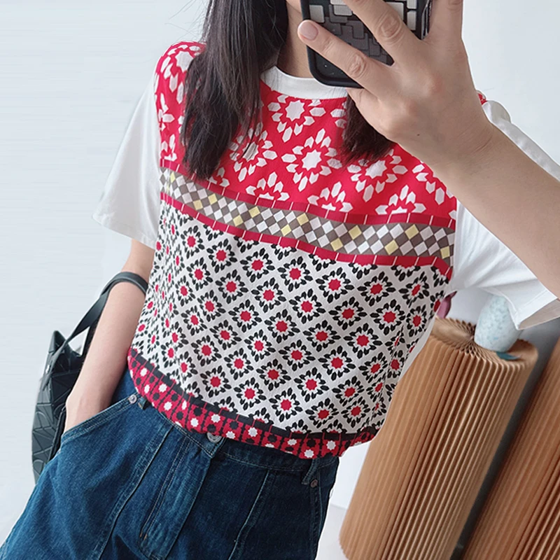 印花碎花圆领耐磨外穿常规款无袖夏季T恤短袖短款-T110061