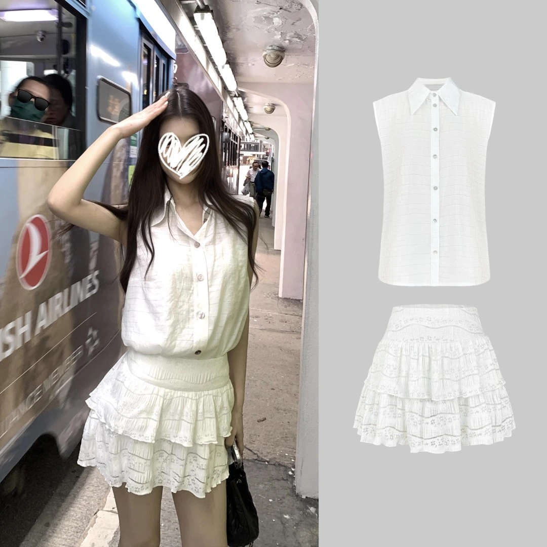 【春日花漾】暗格纹粉贝壳扣大翻领无袖衬衫+蛋糕裙带安全裤H 8599#
