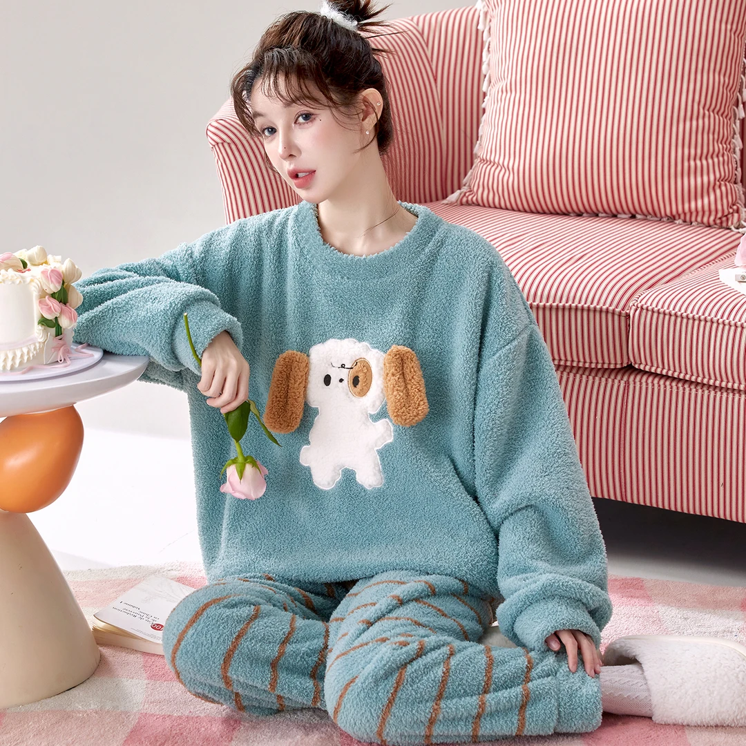 【保暖搭子】半边绒家居服女套装可爱宽松加绒女士睡衣秋冬法兰绒