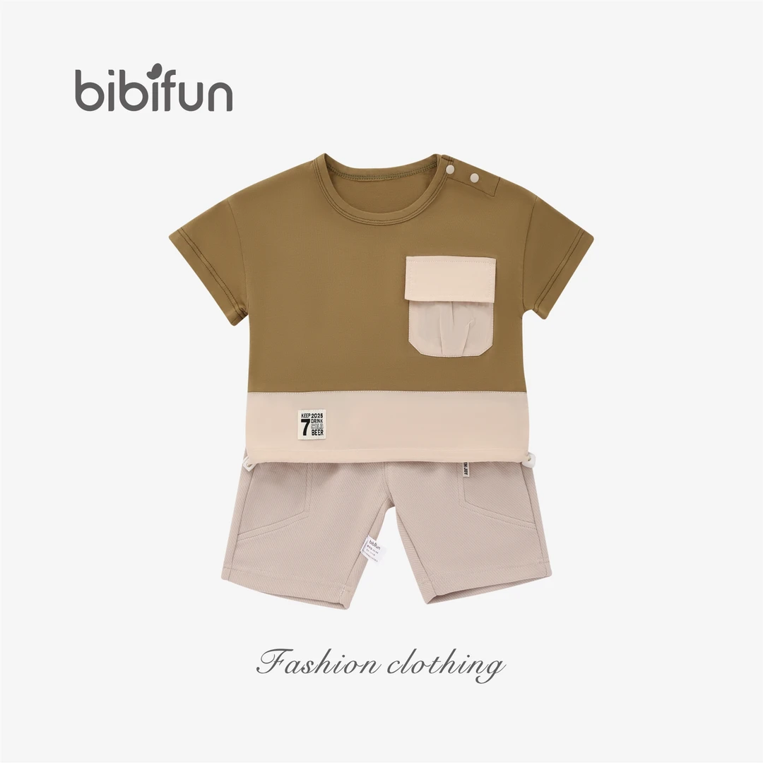 婴悦家旗下品牌BBF时尚舒适夏季休闲织男1拼色圆领套装X97855B