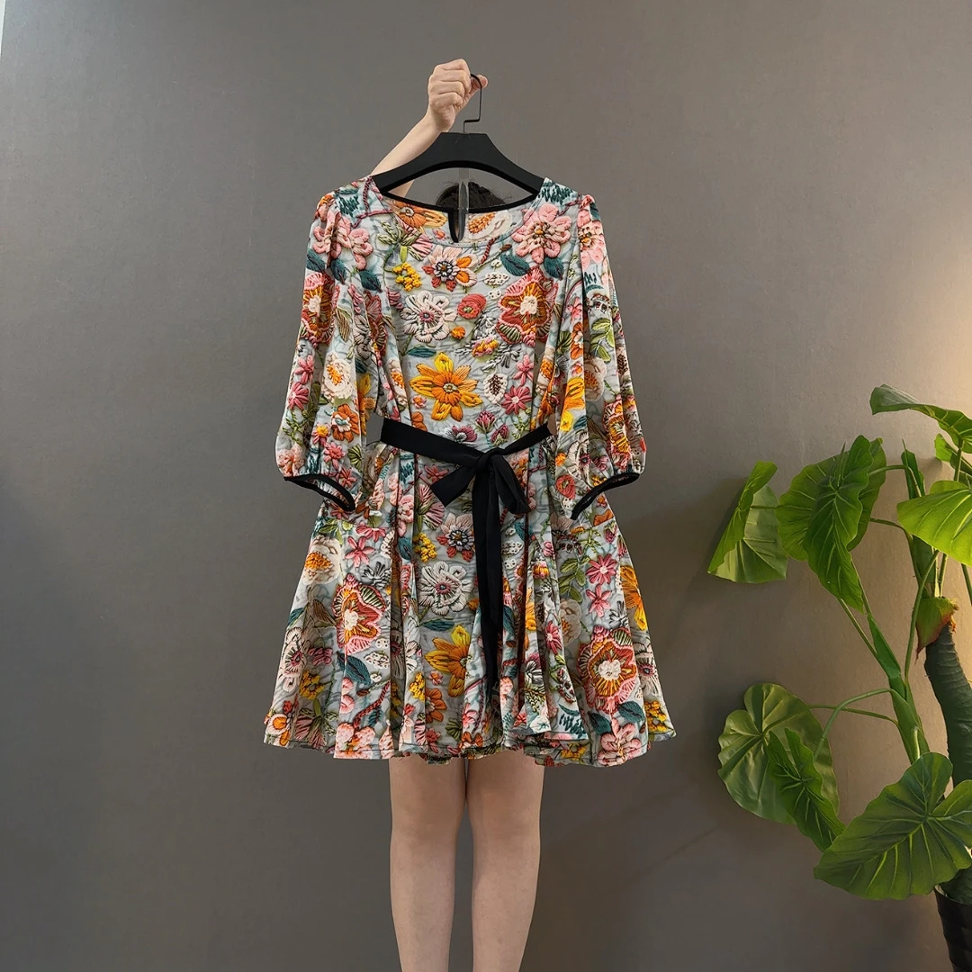 高腰韩版不褪色五分袖大码连衣裙常规中长裙圆领A字裙成人