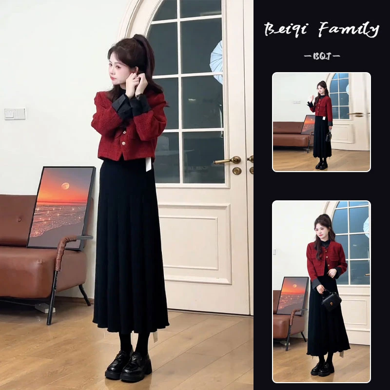 深秋初冬小个子套装裙韩系高级感气质名媛红色小香风外套两件套女