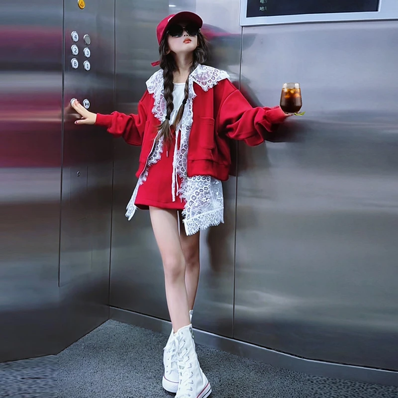 ☆甜蜜蜜☆女童2025春秋爆款时尚蕾丝花边开衫棒球服外套裙裤三件套