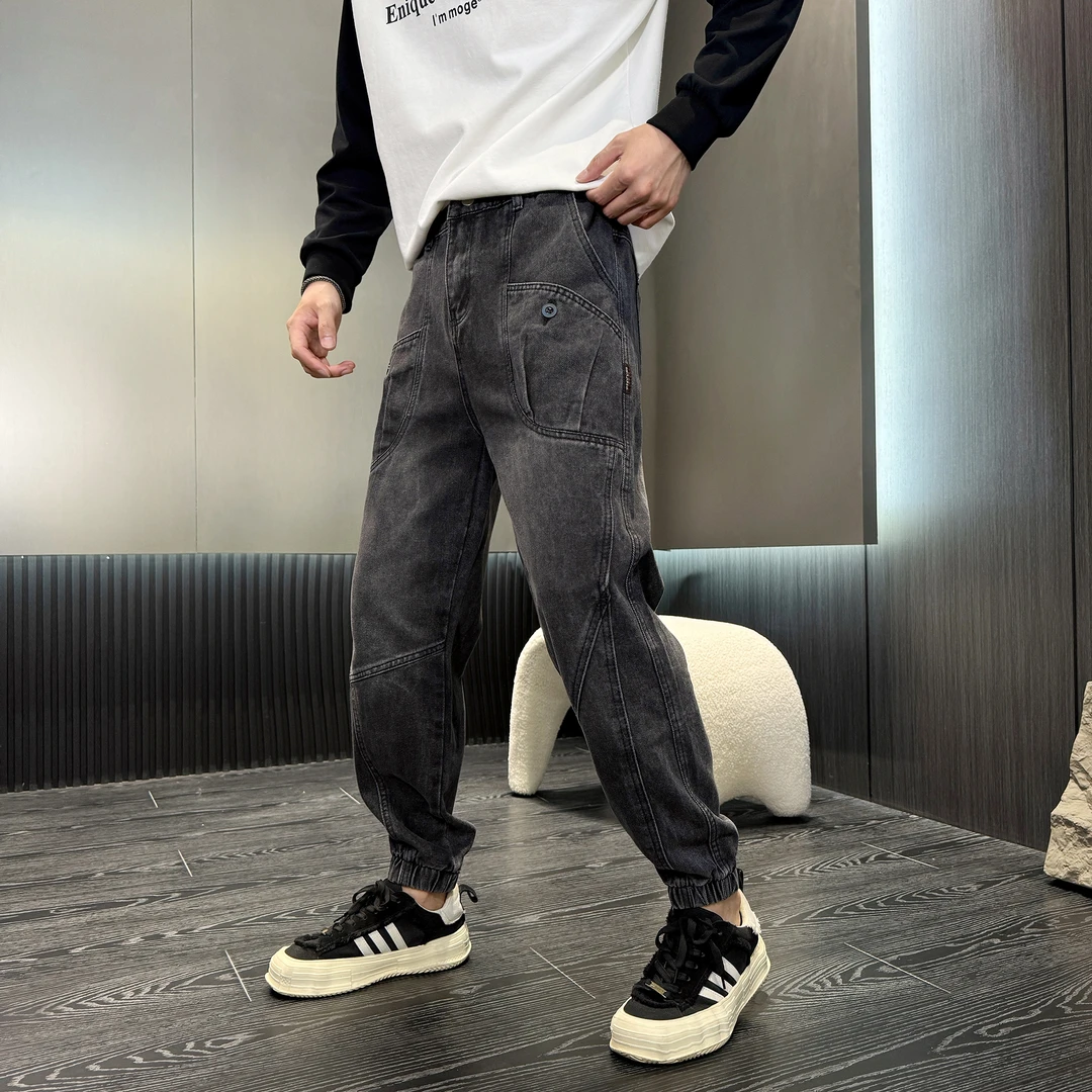 秋季新款美式重磅牛仔裤潮牌宽松束脚秋冬潮流百搭工装哈伦裤子男