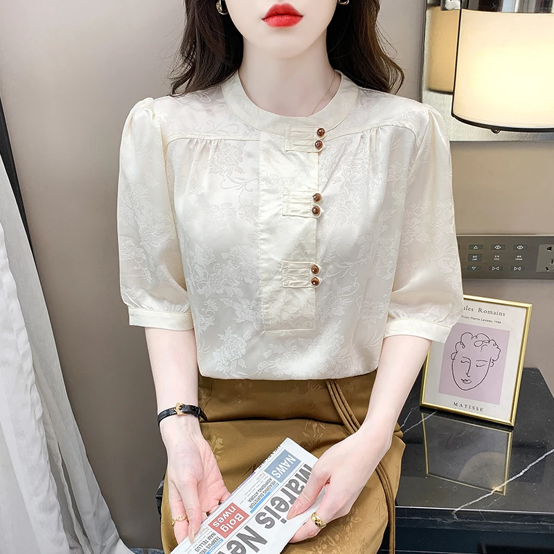 韩系新中式轻国风圆领T恤短袖衬衫百轻奢高级感正肩薄款雪纺上衣