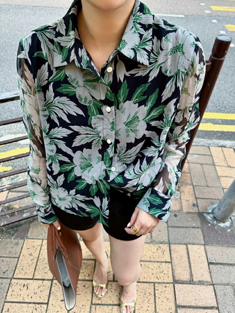 01花朵常规翻领植物薄款不褪色衬衫衬衣夏季上衣工装风