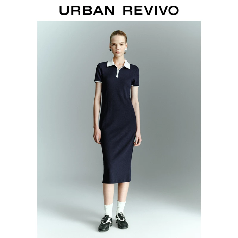 UR2025春季新款女装休闲撞色领修身短袖连衣裙UYY750052