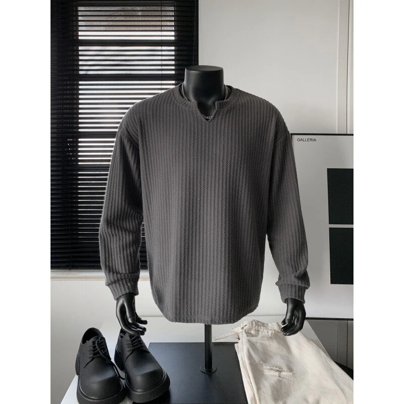 肌理感V领打底衫男款春秋潮流百搭青少年内搭潮牌2025新款长袖T恤