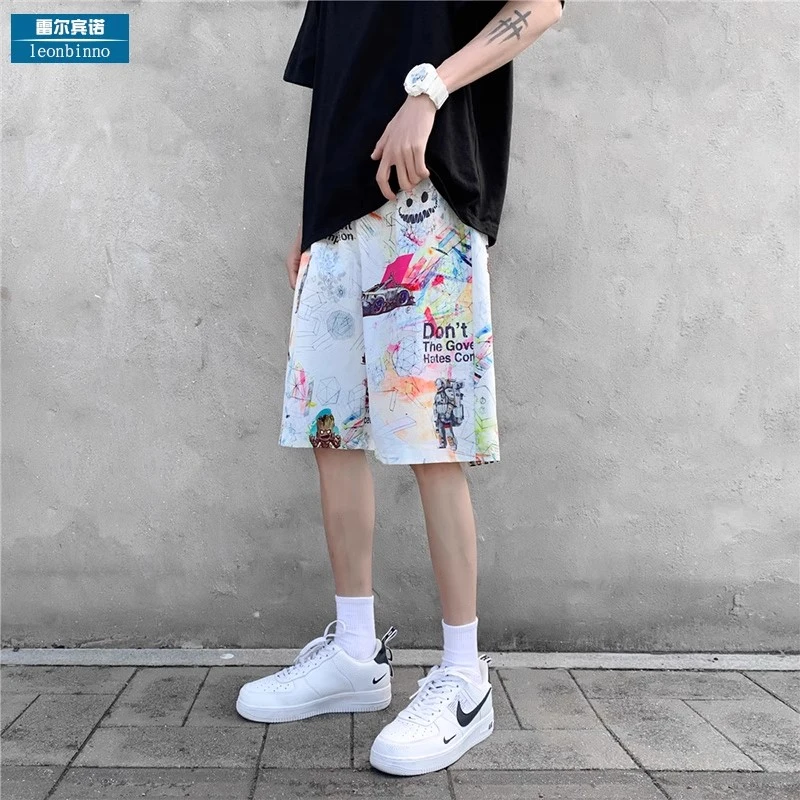 涂鸦高街短裤男夏季外穿休闲大裤衩篮球运动中裤潮流宽松五分裤子