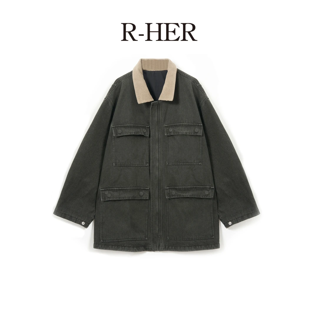 R-HER【深绿夹克】新款黑色宽松常规款休闲百搭时尚洋气极简风外套