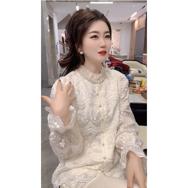 欧货新款重工钉珠时尚蕾丝小众立领长袖秋冬显瘦复古洋气打底穿搭
