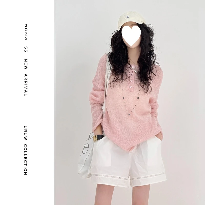 【西洋丁香】亨利领微透薄款针织衫女春卷边马海毛长袖罩衫