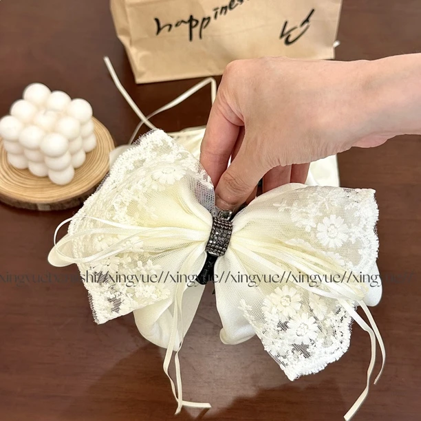 简约蝴蝶结抓夹超大尺寸显发量水钻复古蕾丝仙气少女马尾夹发夹女