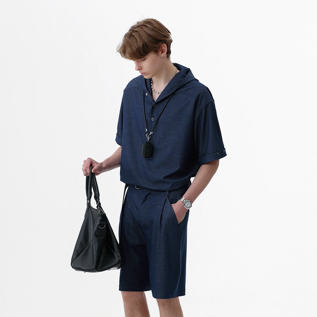 CHOR2025夏季新款男生阳光干净凉感冰丝牛仔短袖套装连帽宽松百搭