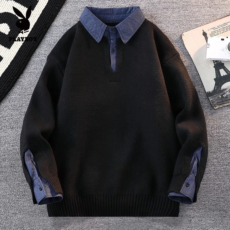 花花公子男士潮牌翻领假两件毛衣男款春秋季宽松时尚保暖打底针织