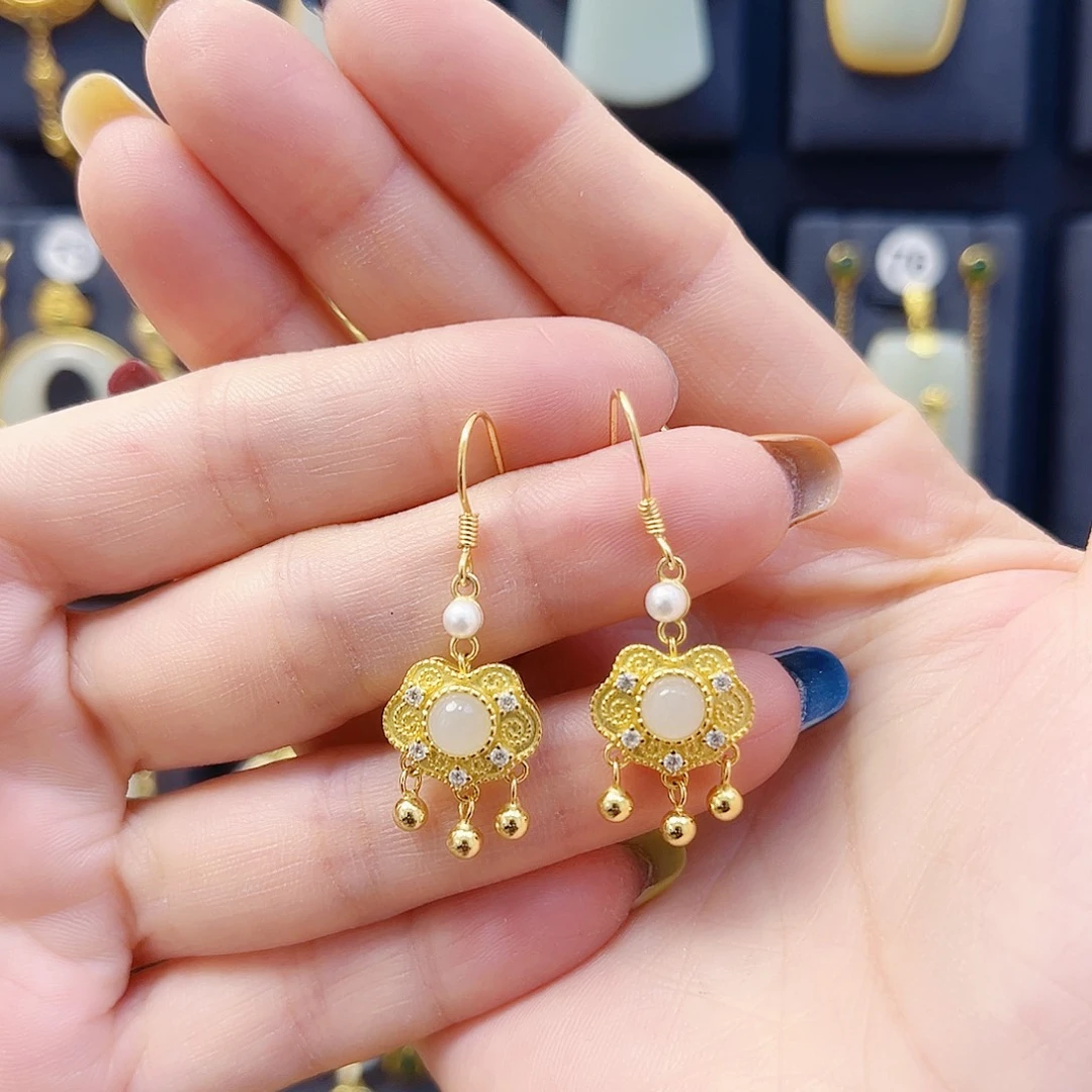 和田玉银S925镀金镶嵌耳饰