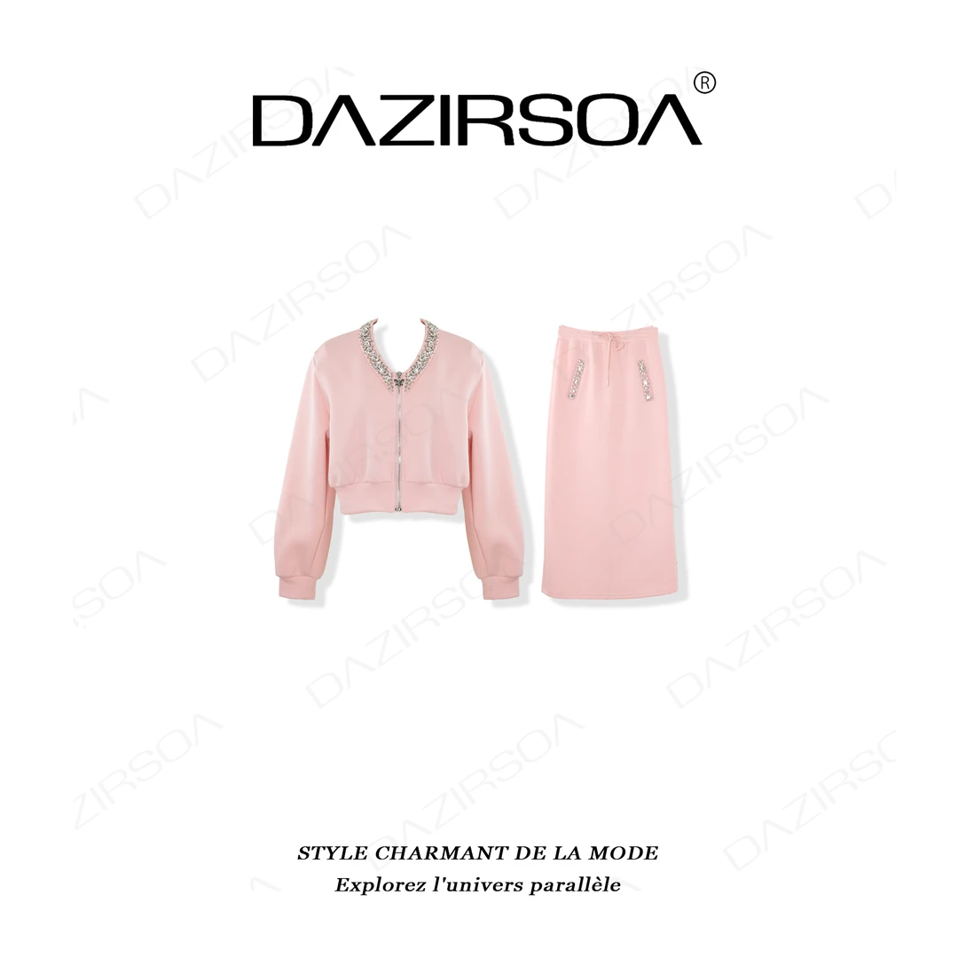 DAZIRSOA/达姿“焕然春色”时尚百搭拼接立体烫钻洋气休闲套装 X230