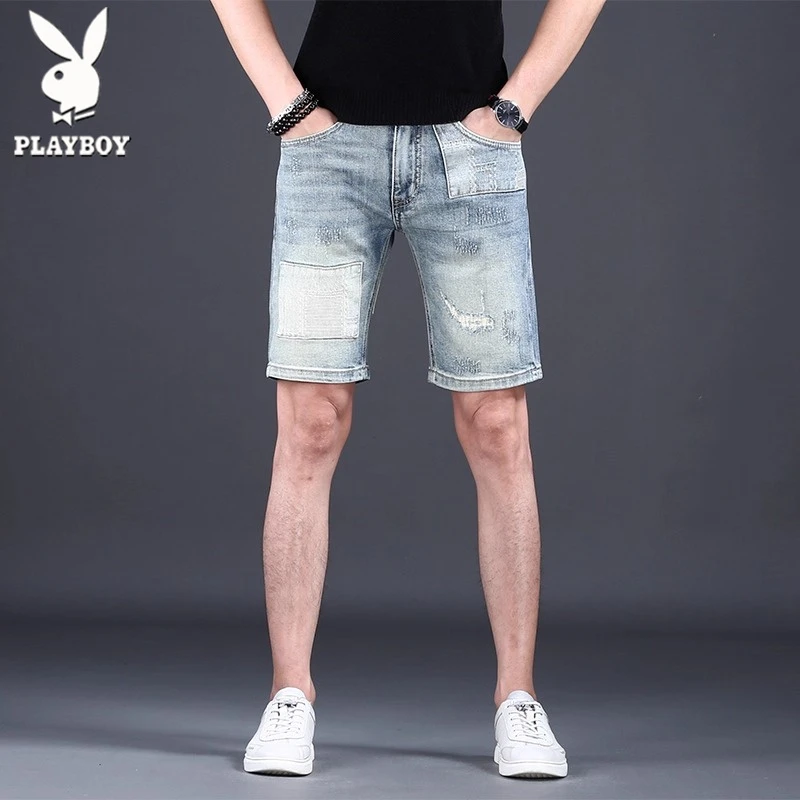 花花公子夏季新款男士美式高街时尚拼接潮牌宽松百搭五分牛仔短裤