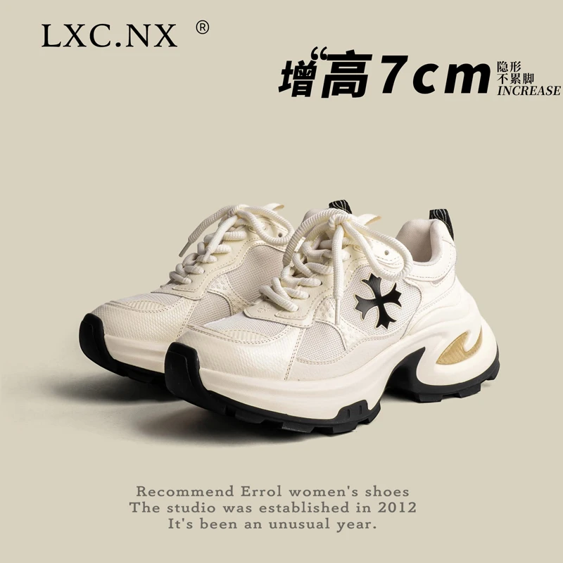 软牛皮~2025新款十字花厚底休闲运动鞋女真皮松糕老爹鞋跑步鞋潮