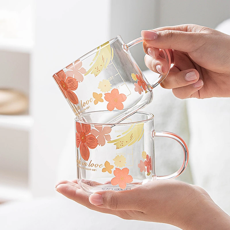 樱你而来茶杯网红可爱透明家用创意大容量耐热玻璃杯印花喝水杯