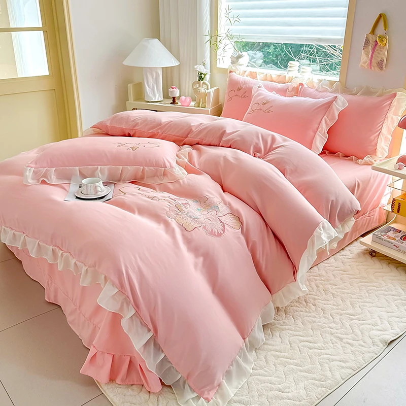 新款韩版纯色绣花四件套学生宿花边网红纯色少女心公主风床上用品