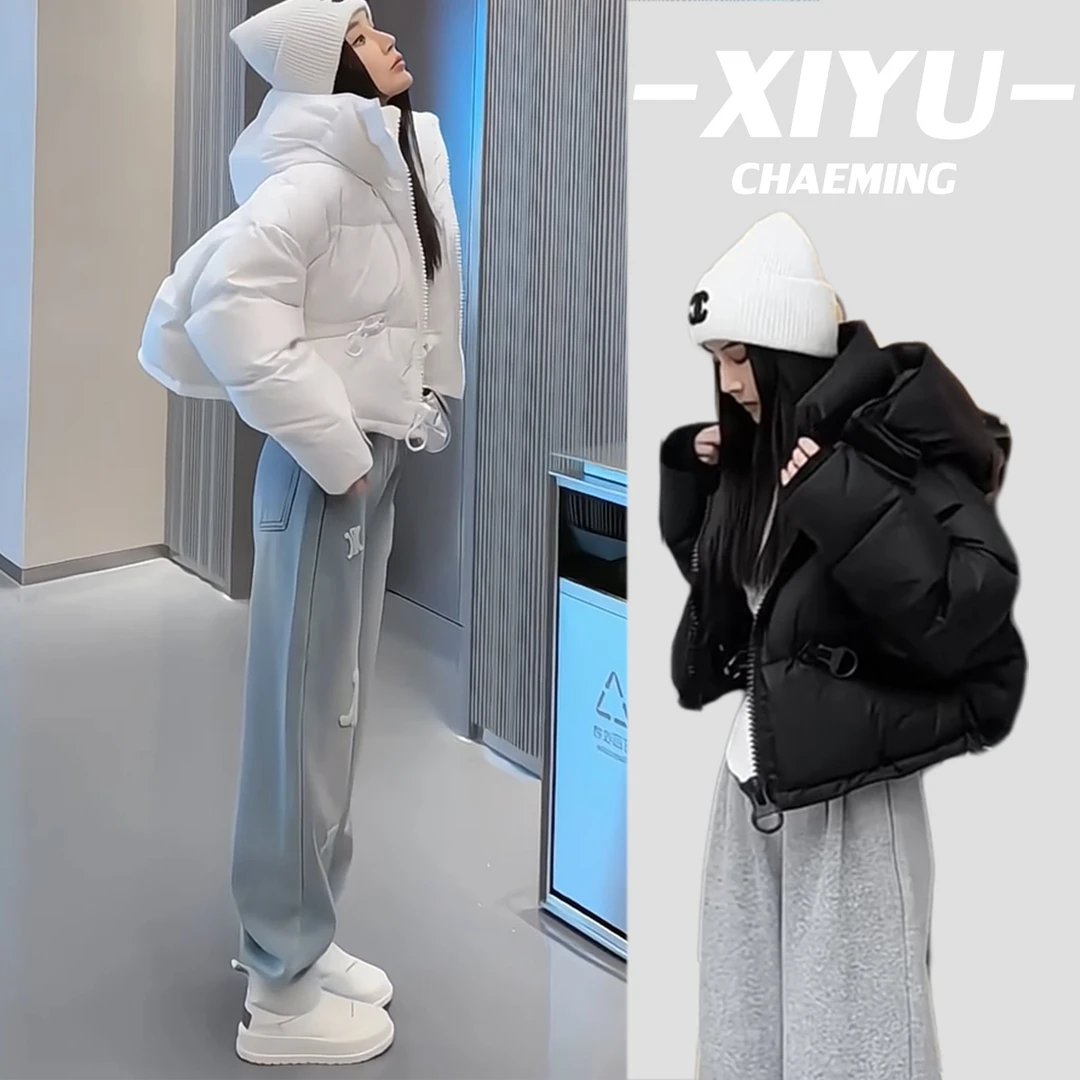 冬季新款加厚白鸭绒短款大拉链设计立领连帽保暖外套面包羽绒服女