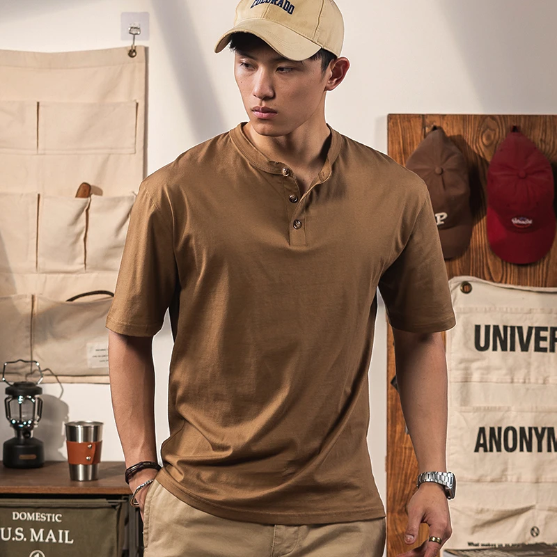 美式复古亨利领T恤男220g纯棉夏季新款休闲透气硬汉亨利衫短袖