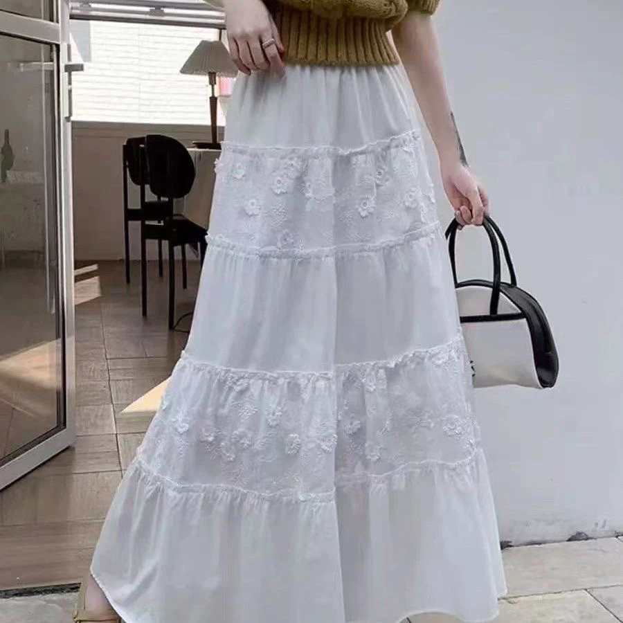 2025夏刺绣纯色长裙春夏木耳花边半身裙网纱裙蛋糕裙蕾丝拼接百搭