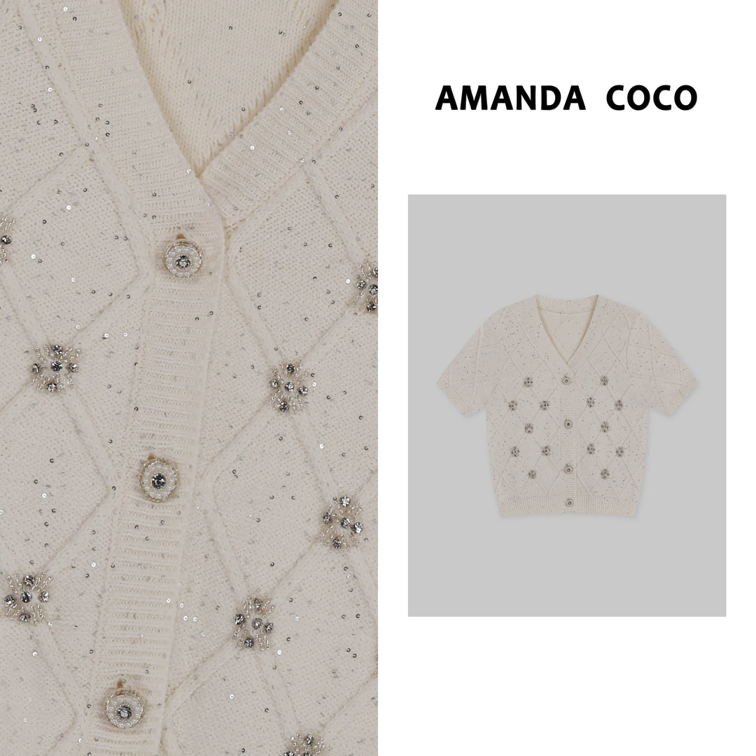 曼曼# 法式浪漫~2025春夏重工串钻菱格气质短袖毛衣