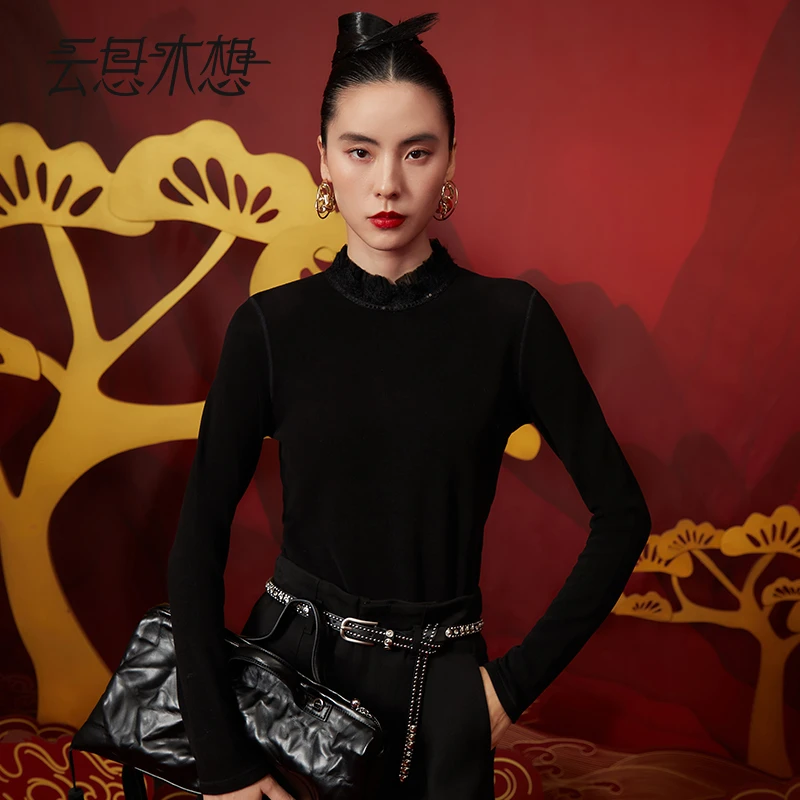 Ysimo-X云思木想 风楚云梦 蕾丝花边暖姜绒长袖柔软保暖T恤12677