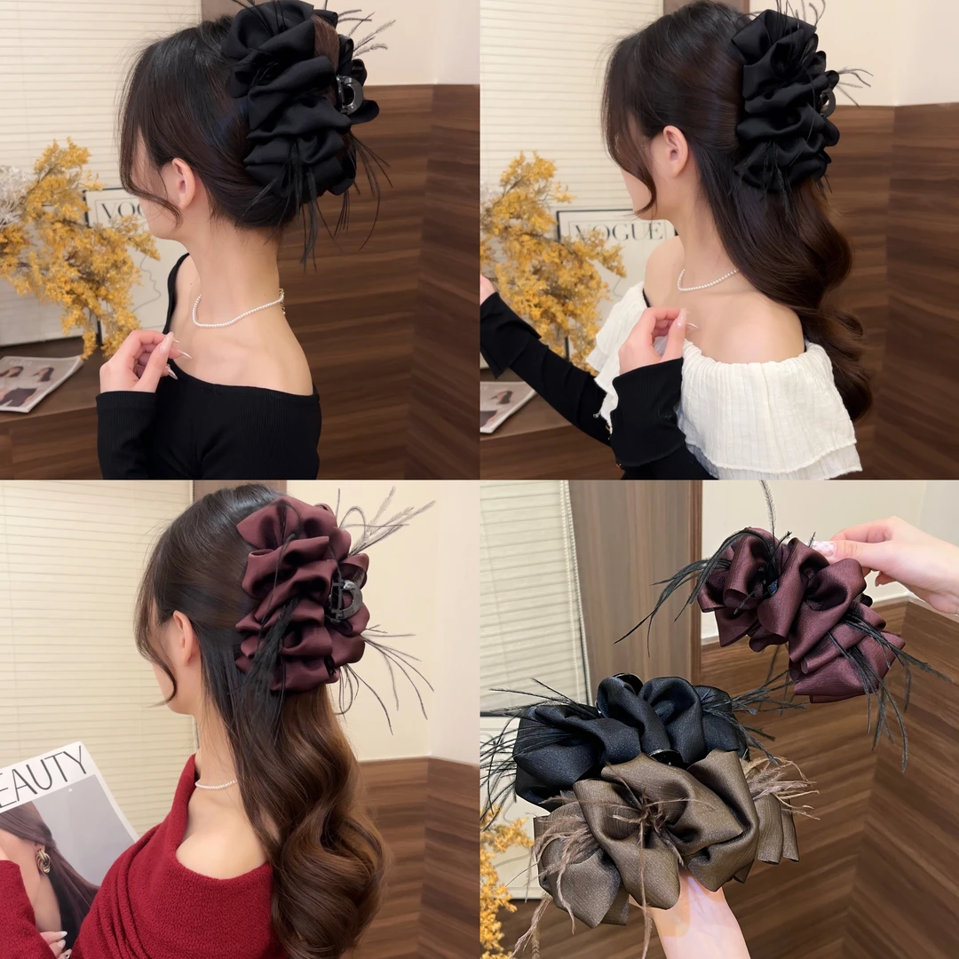 气质褶皱毛毛发夹高级感百搭气泡发卡时尚日常鲨鱼夹后脑勺马尾夹