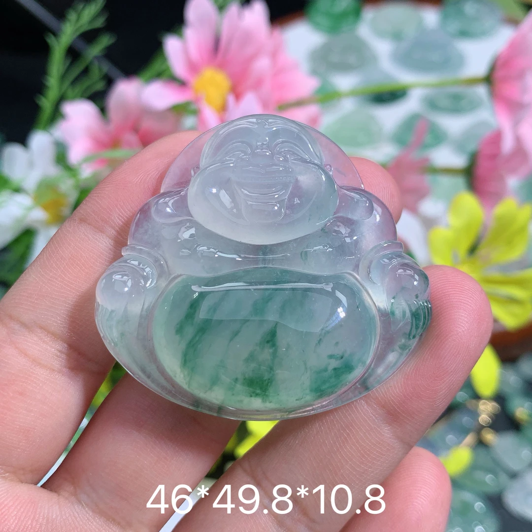 缅甸天然翡翠A货冰种飘花大肚佛吊坠品百搭时尚精美玉石礼物雕刻