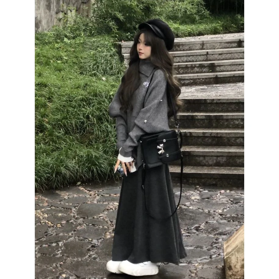 灰色不规则修身针织衫毛衣+洋气裙子女秋冬2025年新款超火一整套