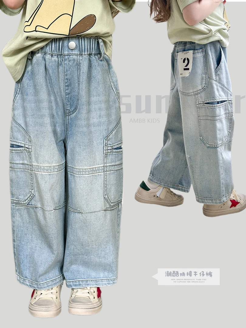 现货【25B111】女童夏装工装风个性拼接牛仔裤儿童做旧设计感休闲裤