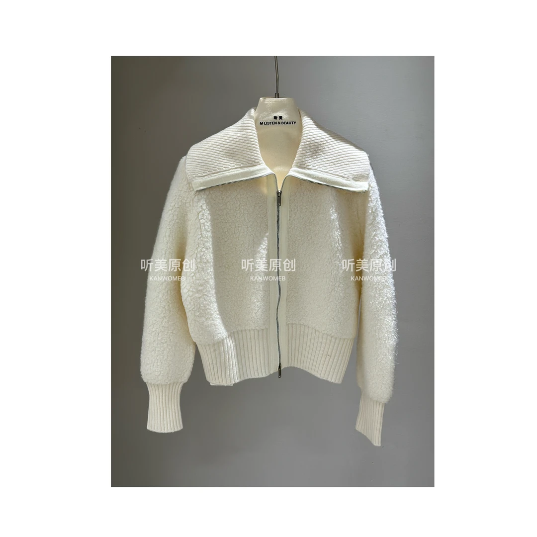 【听美旗舰店】原创 100%绵羊毛圈圈纱翻领拉链毛衣衣