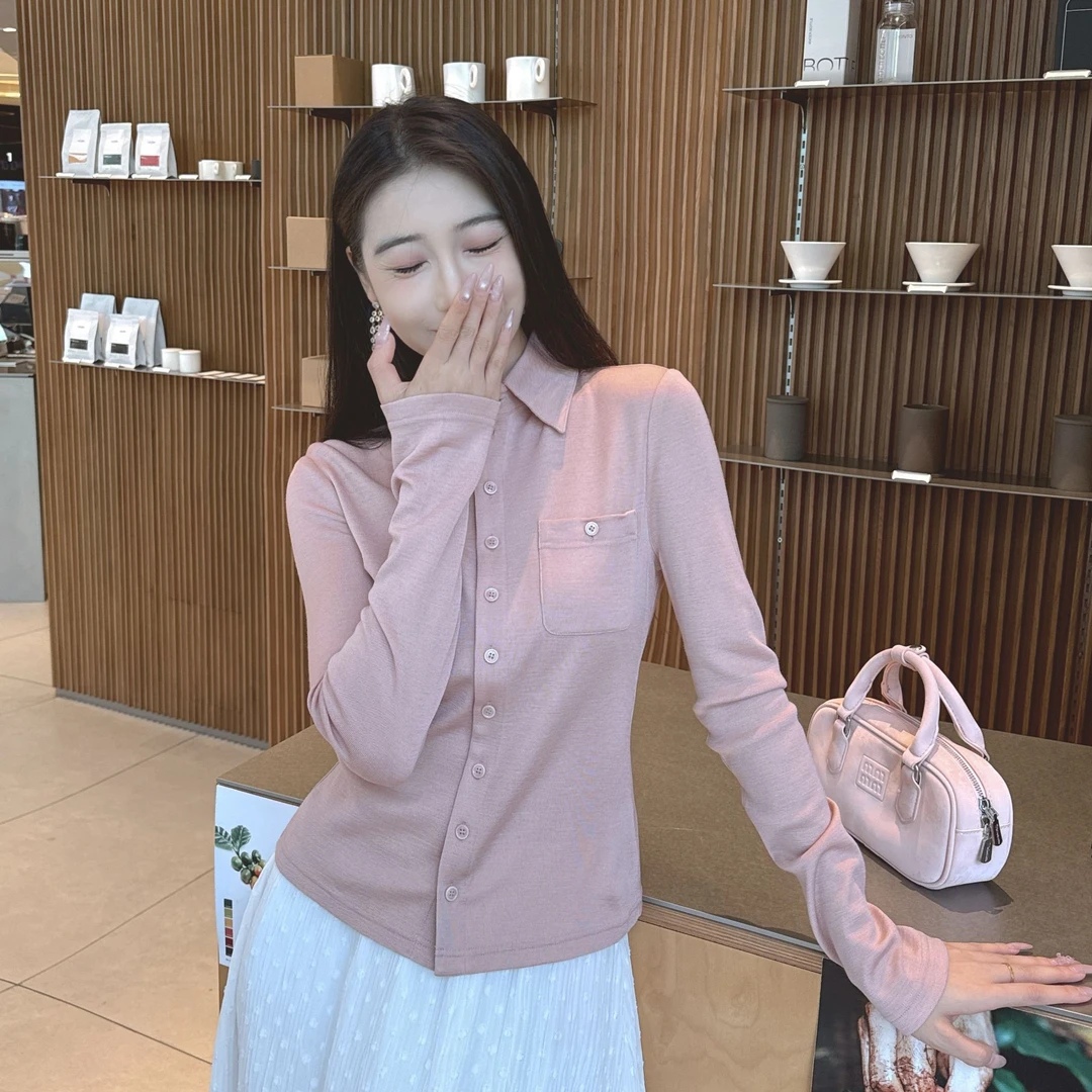 GIRDEAR/哥弟【​​茉樱​】通勤翻领打底绵羊毛长袖纯色衬衣 1300820