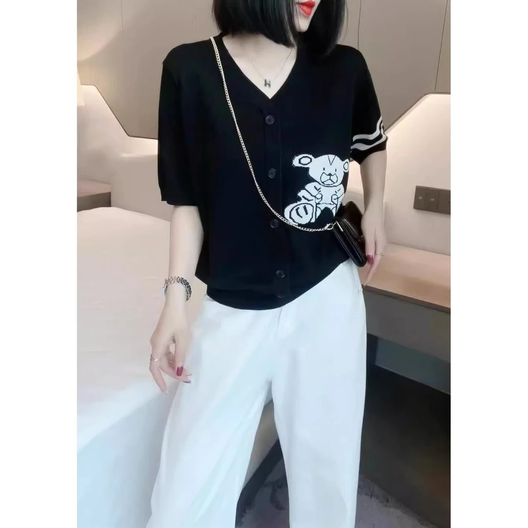 小熊刺绣领针织衫短袖女夏季2025休闲显瘦减龄T恤冰丝纽扣上衣服