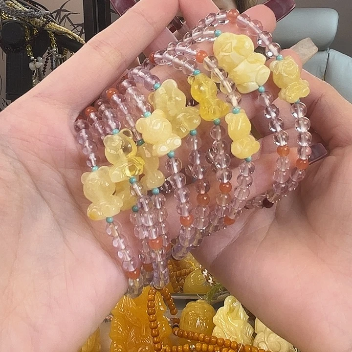 裸石琥珀未镶嵌白晶小熊手串多样性发一