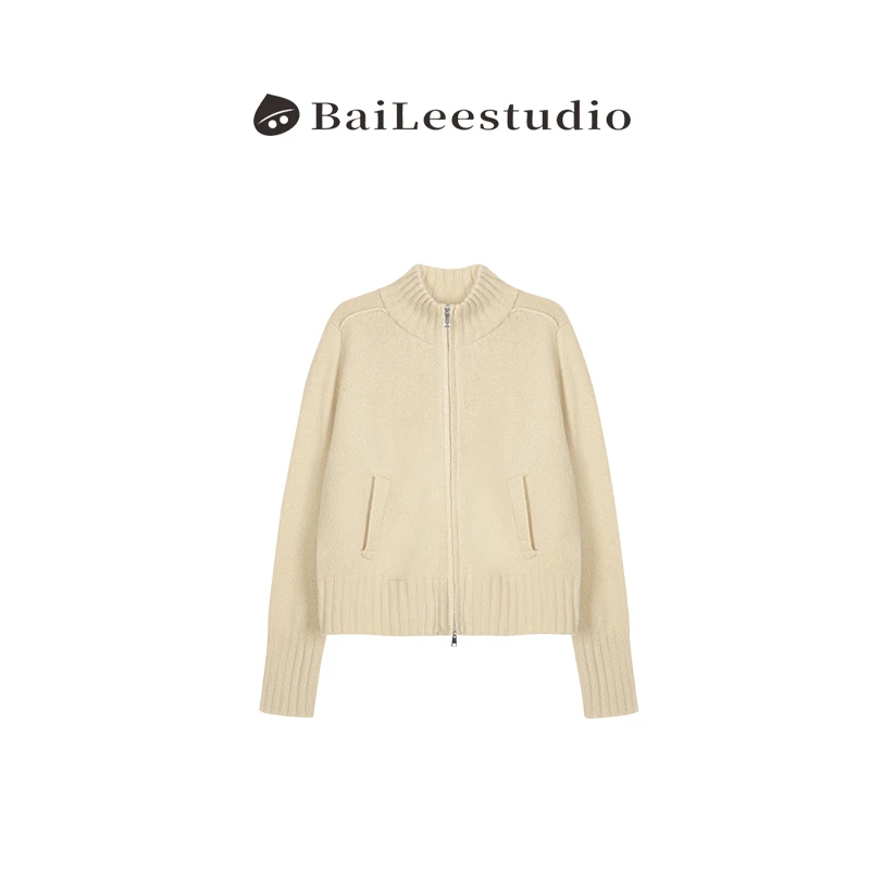 【柏栗良品】2025秋冬新品~立领长袖绵羊毛百搭拉链针织开衫17155