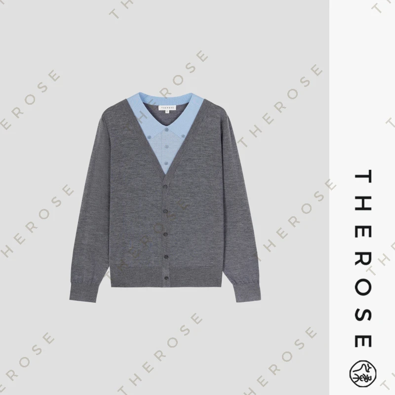 之柔【推理空间】18针休闲拼色假两件针织套头V领设计学院风上衣女