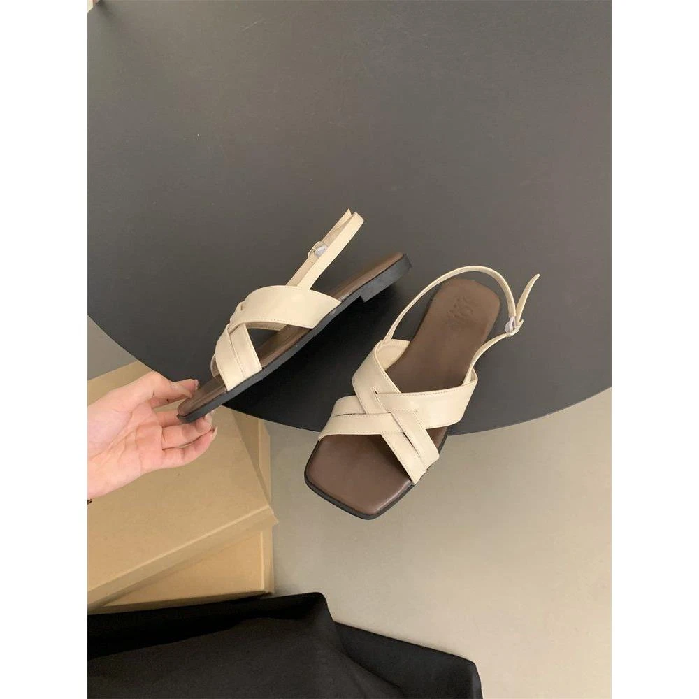 35-45码大码女鞋法式复古百搭交叉带露趾平底凉鞋女夏季罗马鞋41