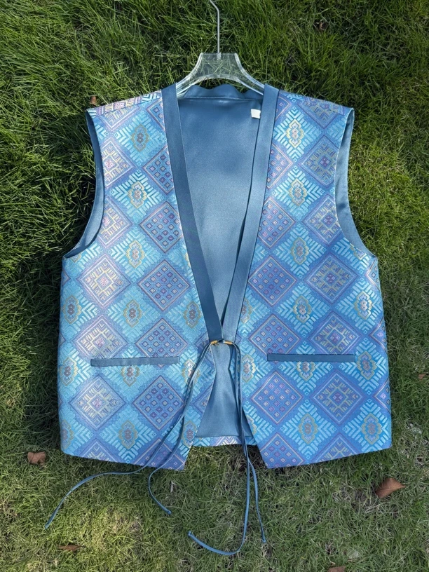 新中式广西非遗壮锦开襟男装马甲（紫蓝凤凰纹）