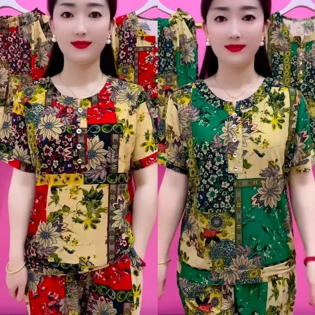 夏季时尚冰丝中老年两件套短袖弹力休闲女装宽松年轻妈妈遮肉套装