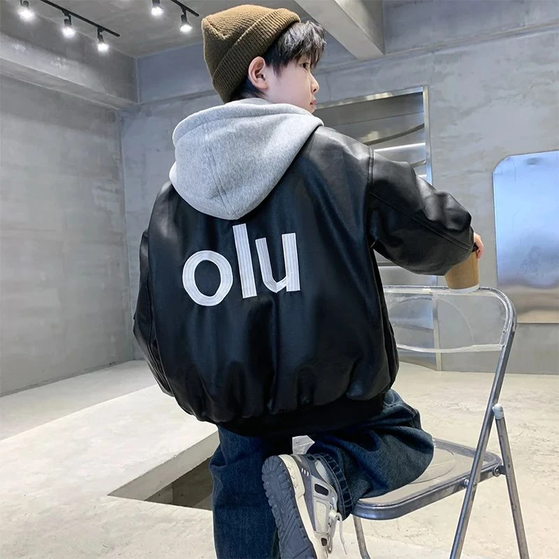 儿童装男童加绒连帽皮衣秋冬款2025新款男孩冬季加厚外套中大童潮