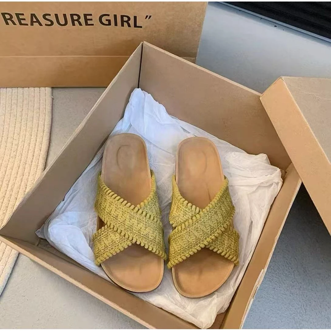 611-3法式度假风编织外穿一字拖鞋