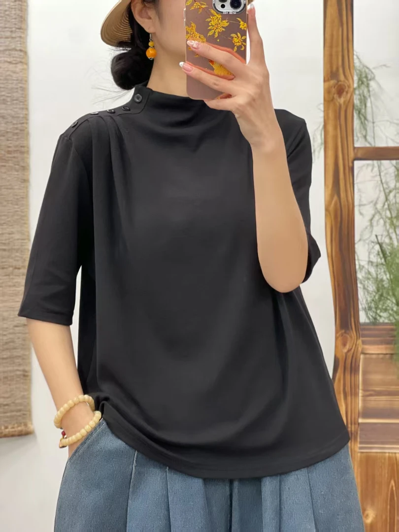 春季新款扣子中袖打底衫