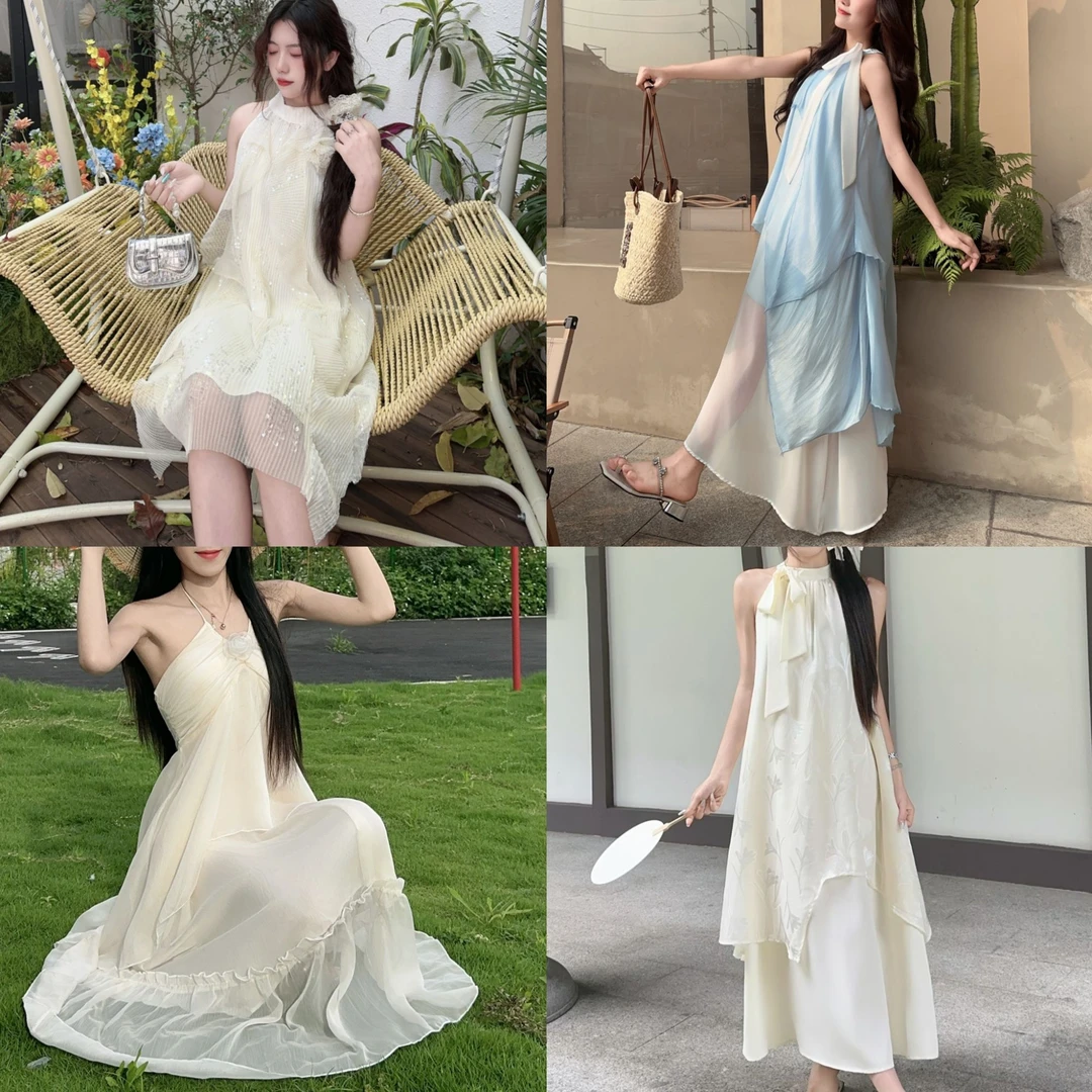 【D01~D160】法式初恋挂脖连衣裙女夏宽松气质绝美温柔初恋长裙