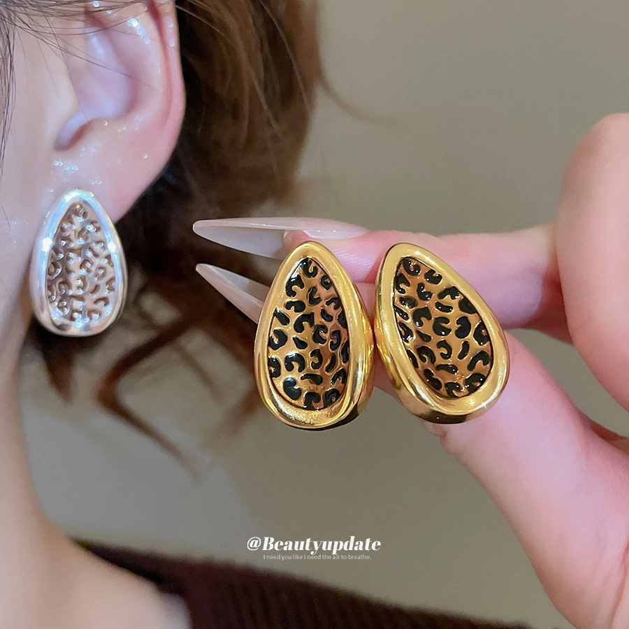 铜合金耳饰 #050【璃恩】银针欧美跨境叶子形豹纹耳钉时尚气质耳环